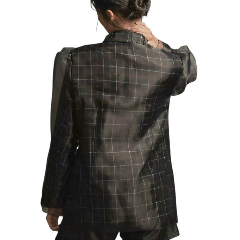 Anthropologie Women’s Tulle Overlay Plaid Blazer XS Navy Blue Tartan Chic Jacket - Picture 2 of 8
